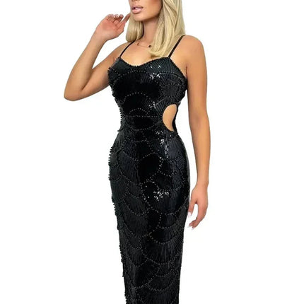 New Sequin Hollow Out Spaghetti Strap Backless Mermaid Long Dresses Women Elegant Celebrity Party Evening Wedding Bodycon Gowns