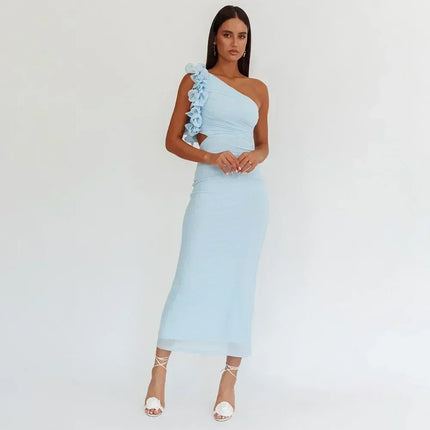 Articat Elegant Sleeveless Slant Shoulder Flower Dress Women Spring/Summer 2025 Sexy Mesh Wrap Hip Dress Party Evening Dress