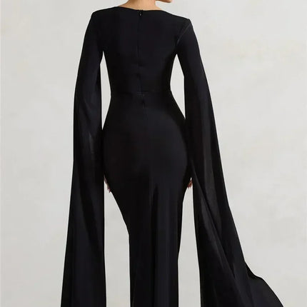 Mozision Long Cape Sleeve Split Maxi Dress For Women Gown Fashion Solid Square Collar Evening Sexy Long Dress Elegant New