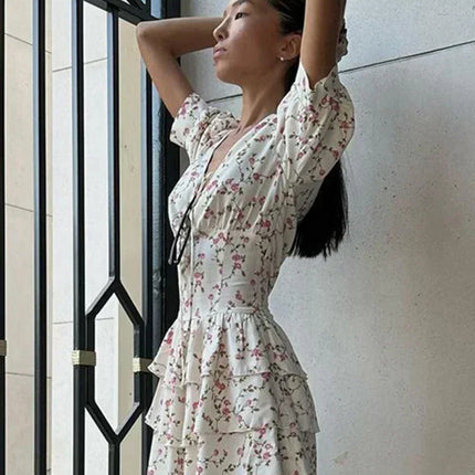 Clacive Summer Slim Print Women's Dress 2024 Sexy V-Neck Short Sleeve Mini Dresses Elegant High Waist Pleated Female Dress