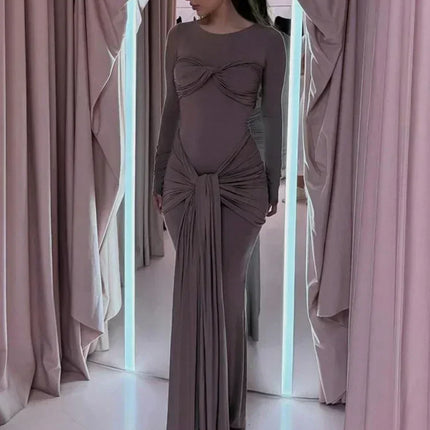 Tossy Female Pleated Sexy Maxi Dress Patchwork Twist Slim Long Sleeve Solid Y2k Autumn Streetwear Dress Women's Bodycon Dress