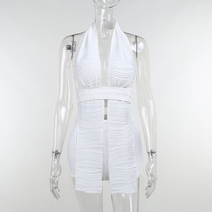 White Deep V-neck Halter Bandage 2 Pieces Sets Sleeveless Backless Suits Outfits with Shorts