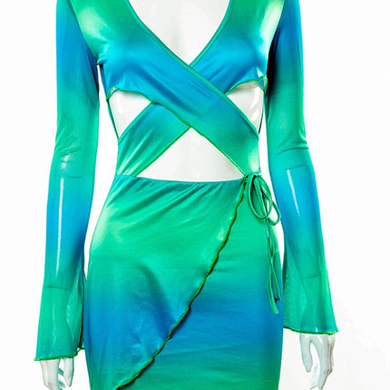 Sexy Tie Dye Bodycon Mini Dress Women Hollow Out Long Sleeve Mesh Skinny Summer 2022