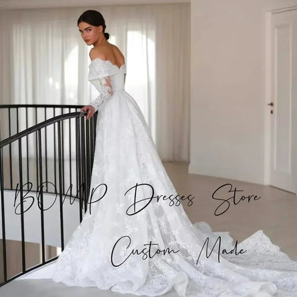 BOMP Elegant Lace Wedding Dress Sweetheart Off Shoulder Full Sleeves Sweep Train Ivory Bridal Gown Customized Robe De Mariée