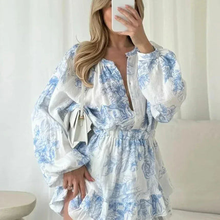 Clacive Fashion Loose Print Women's Dress 2024 Casual O-Neck Long Sleeve Mini Dresses Elegant High Waist Pleated Female Dress