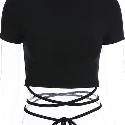 Summer Women Black Short T-Shirts Sexy Crop Tops Short Sleeve Bandage Tee Tops Female Shirts