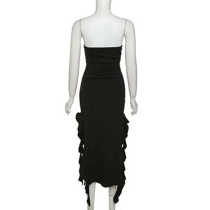 Cryptographic Irregular Ruffle Off Shoulder Sexy Backless Midi Dress for Women Elegant Birthday Vestido Summer Sundresses Ruched