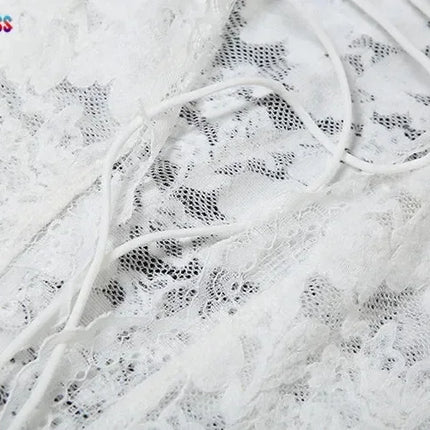Weird Puss Embroidery Ruffles Dress Women Sexy Deep V-Neck Slits See Through Solid Tassel Petal Cuffs Street Elegance Vestidos