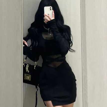 Pile Up Sleeves New Sexy Black Fishbone Dress Personalized Slim Women Dress Thin Gauze Perspective Wrap Around Buttocks  F8Q3