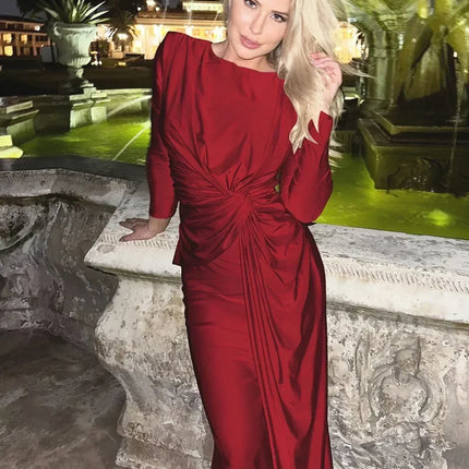 Dulzura Long Sleeves Shoulder Pad Ruched Maxi Dress Solid Elegant Prom Evening Party Long Dress Women’S Autumn Winter Outfit