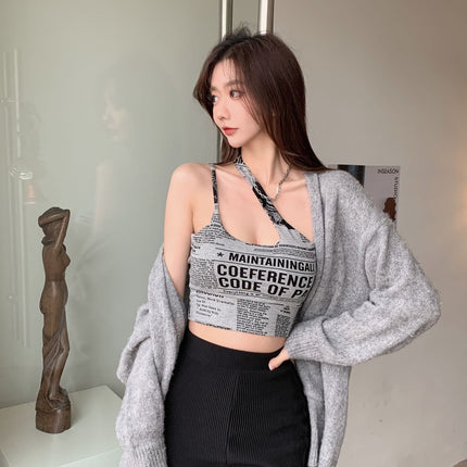 Newspaper Print Camisole Women Slanted Shoulder Hollow Sleeveless Tops Beautiful Back Woman