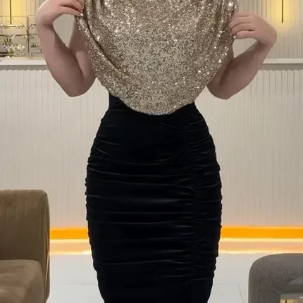Lady Fashion Sleeveless Draped Split Dress Casual O Neck Sequin Splicing Party Dress 2025 New Year Elegant High Waist Long Dress