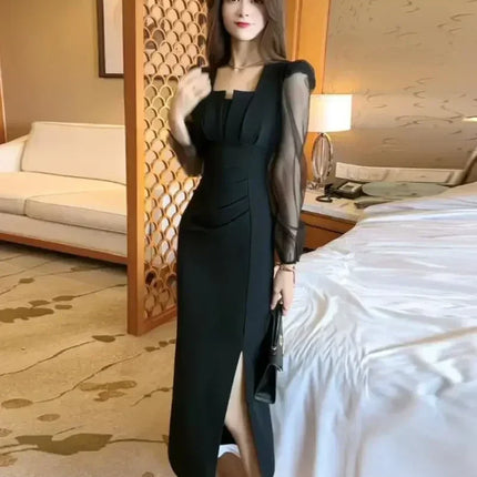 Gentle Temperament Slim Fit Dress with Women's Sleeves Square Neckline Pleated Solid Color Slimming Effect Medium Length Skirt