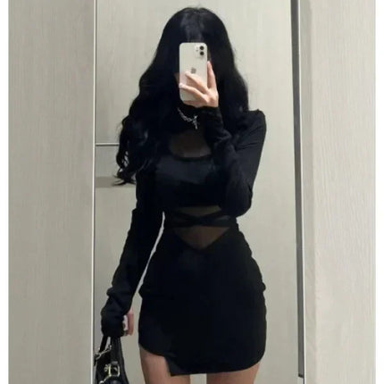 Pile Up Sleeves New Sexy Black Fishbone Dress Personalized Slim Women Dress Thin Gauze Perspective Wrap Around Buttocks  F8Q3