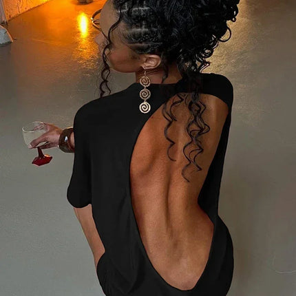 Nibber o-Neck Sexy Backless Mini Dress Women Y2K Solid Trend Style Half Sleeve Spicy Girls Street Midnight Fashion Slim Outfits