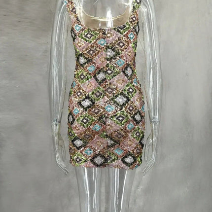 Colorful Rhombus Sequins Sexy Mini Dress Elegant Chic Straps Slit Bodycon Party Dresses Summer Holidays Evening Women Dress 2025
