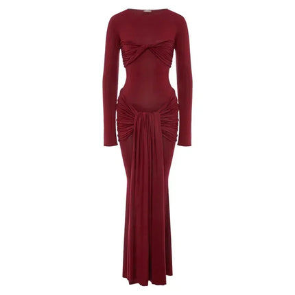 Tossy Female Pleated Sexy Maxi Dress Patchwork Twist Slim Long Sleeve Solid Y2k Autumn Streetwear Dress Women's Bodycon Dress