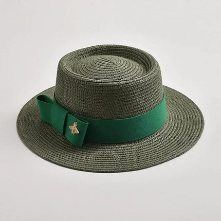 NEW Spring Summer Straw Hats for Women Round Bumpy Surface Flat Top Bowknot Dress Cap Travel Beach Sun Hat Gorra