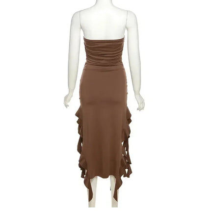 Cryptographic Irregular Ruffle Off Shoulder Sexy Backless Midi Dress for Women Elegant Birthday Vestido Summer Sundresses Ruched