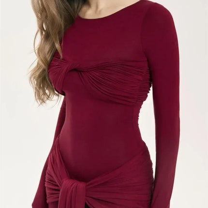 Tossy Female Pleated Sexy Maxi Dress Patchwork Twist Slim Long Sleeve Solid Y2k Autumn Streetwear Dress Women's Bodycon Dress