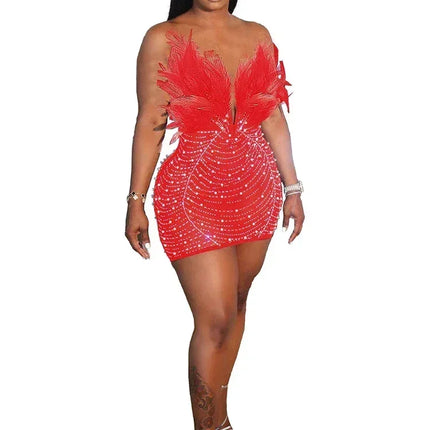 Znaiml Sexy Feathers Rhinestones Backless Diamond Sheer Mesh Bodycon Dresses for Woman Rave Club Birthday Party Night Vestidos