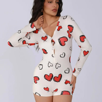 Ladies one-piece bodysuit sexy hot girl pajamas heart digital print short-sleeved set shorts home wear