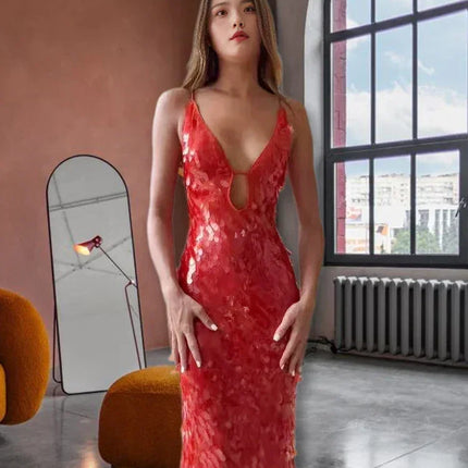 Sexy Women Maxi Dresses Elegant Sequins Sleeveless Female Long Dress Fashion  Solid Deep V Neck Ladies Party Robe Dress