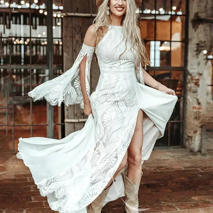 FL&AEVVE Customized Bohemian Chic Civil Bridal Dress Hippie Crochet Lace Wedding Dress With Slit Gatsby Elvish Bride Gown Robe