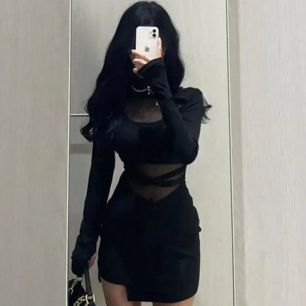Pile Up Sleeves New Sexy Black Fishbone Dress Personalized Slim Women Dress Thin Gauze Perspective Wrap Around Buttocks  F8Q3