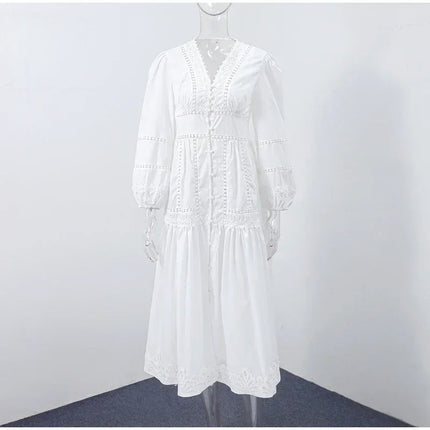 Elegant Lace Patchwork Hollow Out Dress Women Solid V-neck Long Lantern Sleeve Loose Dresses 2025 Spring Vacation Lady Robes