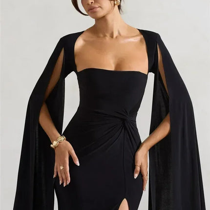 Mozision Long Cape Sleeve Split Maxi Dress For Women Gown Fashion Solid Square Collar Evening Sexy Long Dress Elegant New