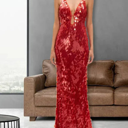 Sexy Women Maxi Dresses Elegant Sequins Sleeveless Female Long Dress Fashion  Solid Deep V Neck Ladies Party Robe Dress