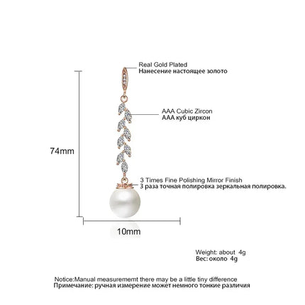 ZAKOL Fashion Round Imitation Pearls Drop Earrings for Women Shinny Zirconia Crystal Leaf Long Bridal Earring Wedding Jewelry