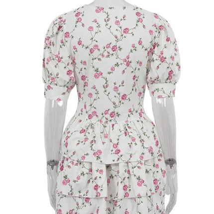 Clacive Summer Slim Print Women's Dress 2024 Sexy V-Neck Short Sleeve Mini Dresses Elegant High Waist Pleated Female Dress