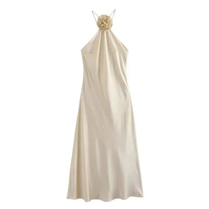 MUJER Flower Halter Dress Woman Off Shoulder Satin Long Dress Women Backless Sexy Evening Dresses Summer Party Dresses For Women