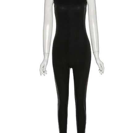 PU Leather Sleeveless Turtleneck Zipper Women Jumpsuit 2022 Casual Street Style Sports Fitness
