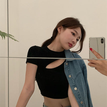 T Shirt Women Summer Hollow Crewneck Cropped Tops Irregular Tight Fitting Short Sleeve