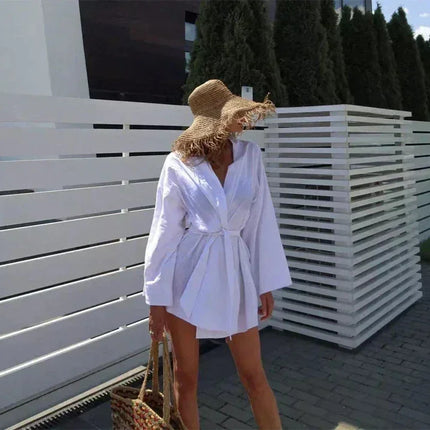 Women's V-Neck Kimono Cardigan Mini Dress Cotton Linen Long Sleeve Sashes Dresses Robe Style Lace Up Summer Loose Vestidos