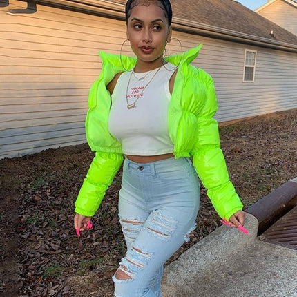Faux PU Leather Y2K Bubble Puffer Winter Warm Jacket Women Long Sleeve Coats
