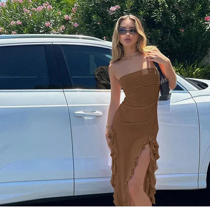 Cryptographic Irregular Ruffle Off Shoulder Sexy Backless Midi Dress for Women Elegant Birthday Vestido Summer Sundresses Ruched