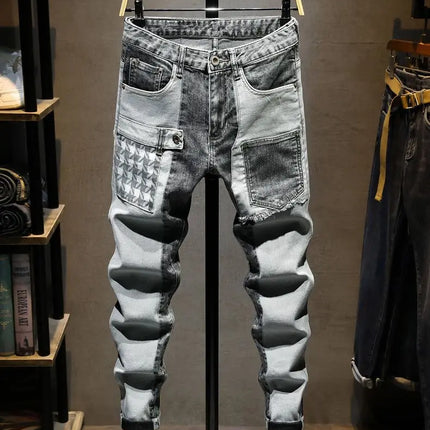 Streetwear 90s Slim Cowboy Grey Stretch Work Wear Splice Long Pants Man