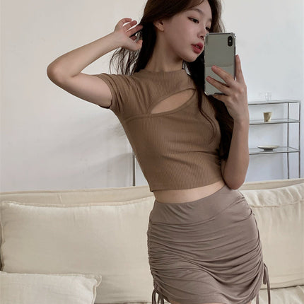 T Shirt Women Summer Hollow Crewneck Cropped Tops Irregular Tight Fitting Short Sleeve