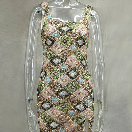 Colorful Rhombus Sequins Sexy Mini Dress Elegant Chic Straps Slit Bodycon Party Dresses Summer Holidays Evening Women Dress 2025