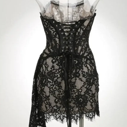 TARUXY Sexy Lace See-through Patchwork Corset Dress Female Bodycon Elegant Party MIrrgualr Mini Dress Women Tube Top Dress New