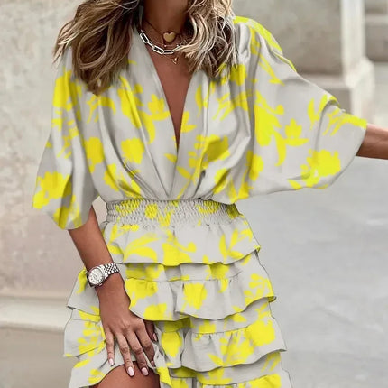 Women Fall V-Neck Loose Batwing Hafl Sleeve Print Dress Fashion Elegant Lace-up Ruffle Beach Mini Dresses Casual Streetwear 2024