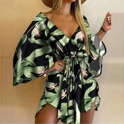 2024 New Summer Beach Elegant Women Dresses Sexy V Neck Lace-up Floral Print Mini Dress Casual Flared Sleeves Ladies Party Dress