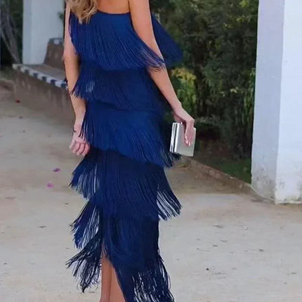 Spring and Summer New Fashion Fringed Slanted Shoulder Asymmetrical Dress for Women