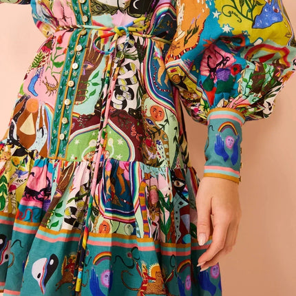 2025 printed round neck cinched waist strap pleated ruffle edge retro pleated dress cardigan temperament versatile dress