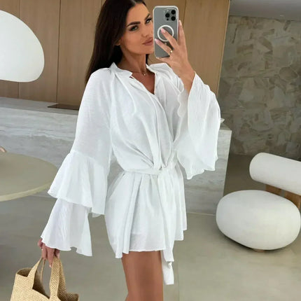 Elegant Fold Dress Women Brown Deep V-neck Long Sleeve Mini Dresses Female 2025 Spring Summer Fashion Loose Lady Vestidos