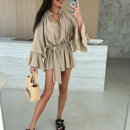 Elegant Fold Dress Women Brown Deep V-neck Long Sleeve Mini Dresses Female 2025 Spring Summer Fashion Loose Lady Vestidos